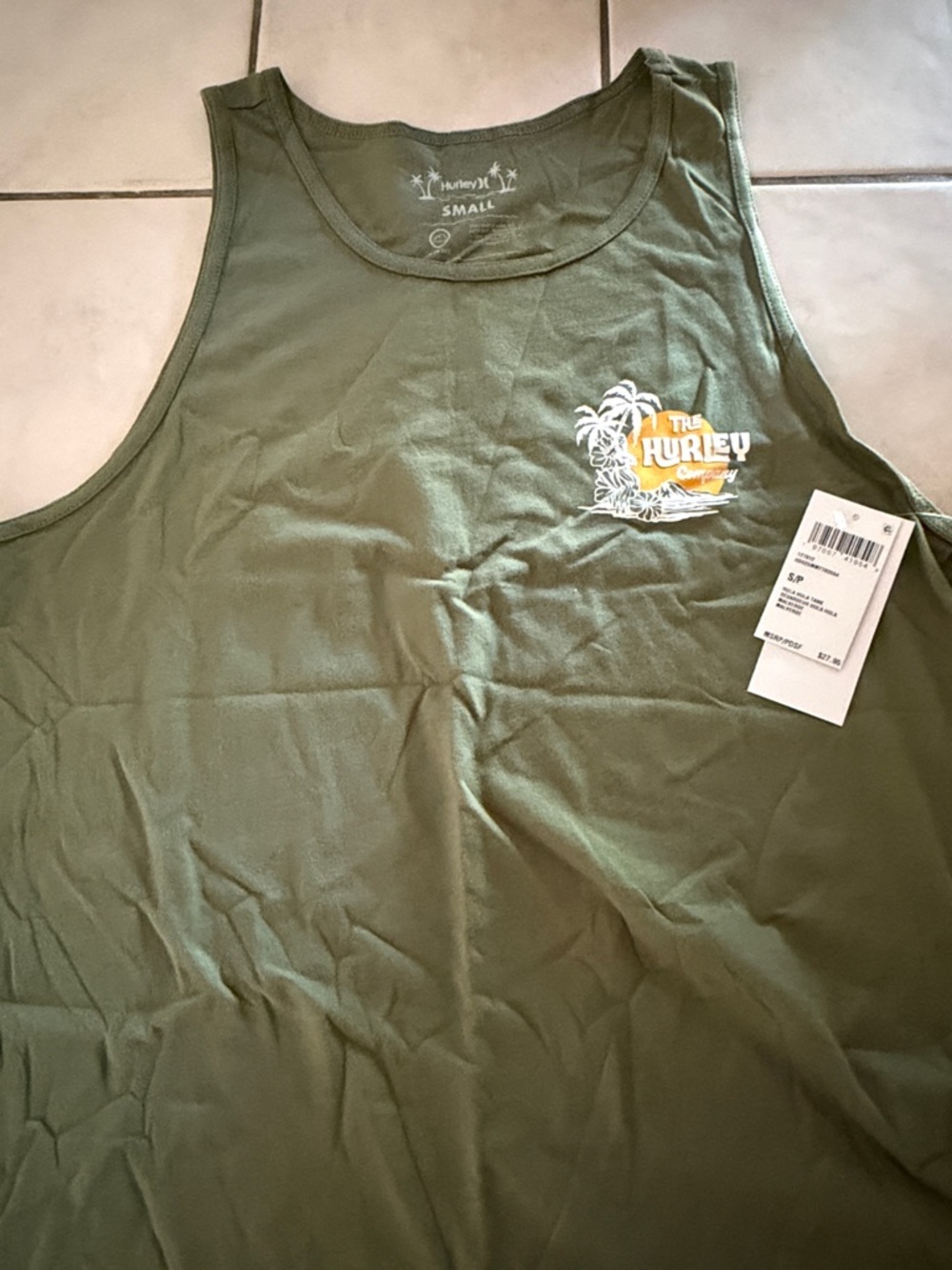 Hurley Olive Green Tank with Sunset Palm Chest Logo